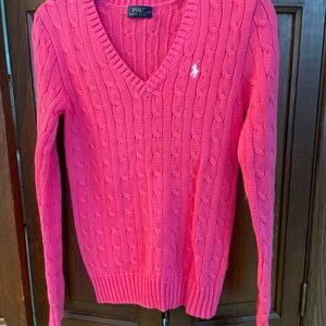 Ralph Lauren Women's Pink V-Neck Cable Knit Jumper Size M